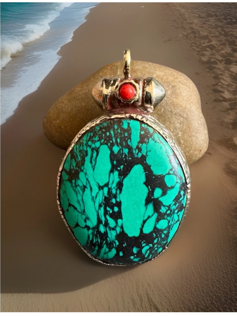 Handcrafted Traditional Tibetan Turquoise Pendant Set In Silver 1.8”by 1.2”& 16g